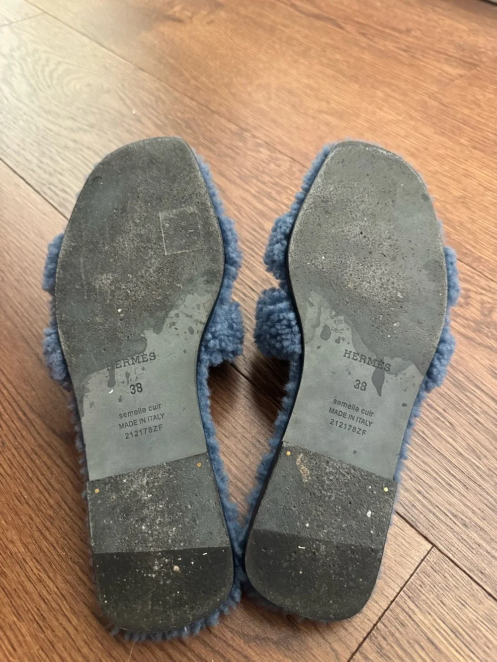 Hermes Blue Fuzzy Shearling Slide Sandals